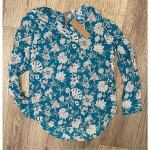 Brina & Em Long Sleeve Floral Teal Rayon Blouse Small